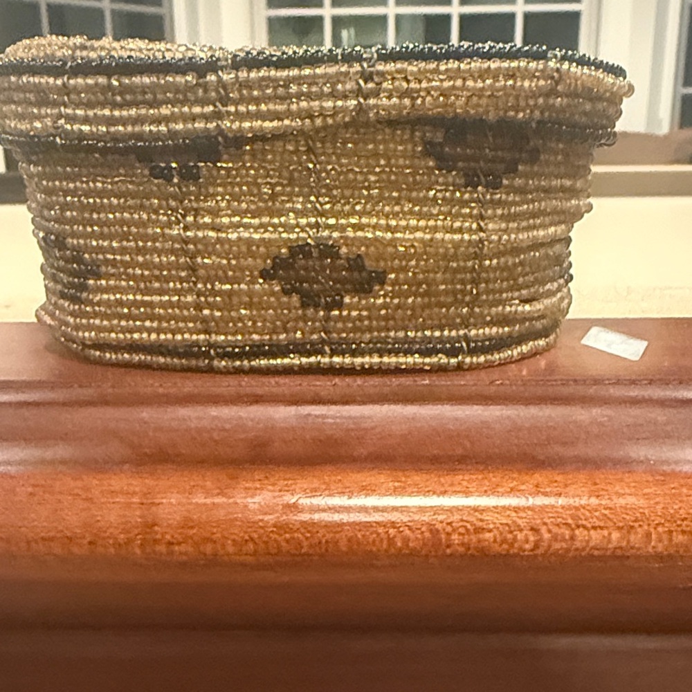 Handcrafted Authentic Kenyan Beaded Small Container With Lid - Gold and Black
